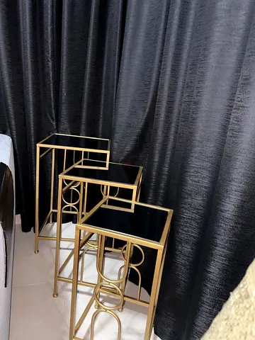 Set of 3 Gold Metal Nesting Side Tables with Black Glass Tops