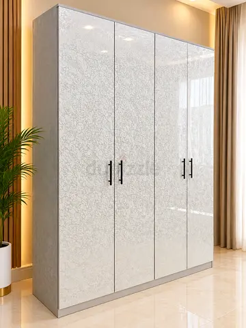 4-Door Glossy Wardrobe with Marble Effect Finish
