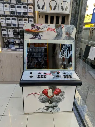 Arcade Fight Stick Cabinet with Dual Controls and Built-in Screen