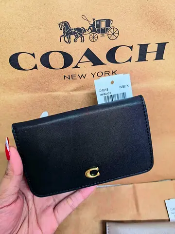 Coach Black Leather Small Wallet with Gold C Logo - New