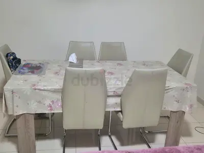 Wooden Dining Table with 6 Cream Leather Chairs