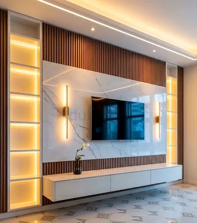 Modern wall-mounted entertainment unit with marble panel and LED shelving