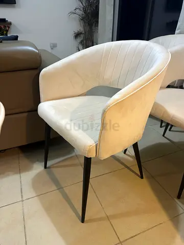 Set of 6 White Upholstered Dining Chairs with Metal Legs
