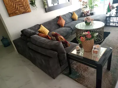 Large L-shaped grey fabric sectional sofa - comfortable, good condition