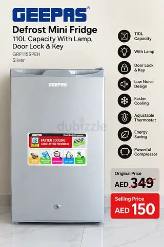 Geepas 110L Mini Fridge – Silver | AED 150
