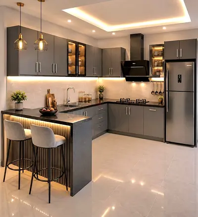 Modern Grey L-Shaped Kitchen Cabinet Set with Breakfast Bar