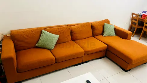 4-seater L-shaped fabric sofa with chaise - mustard/orange ( one zip Broken )