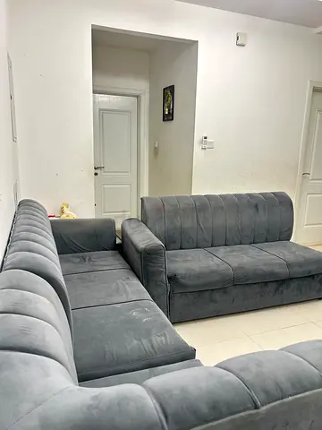 Grey L-shaped Velvet Sofa Set - Good Condition