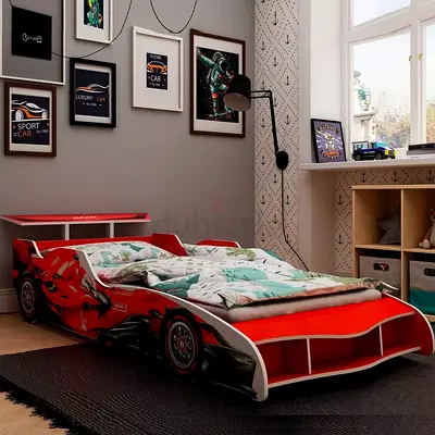 Red Race Car Kids Bed — Single Children's Bed with Storage Shelves