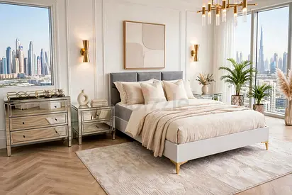 Modern upholstered queen bed with mirrored bedside dressers set