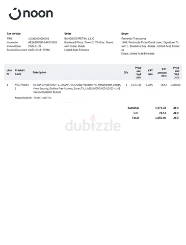 Samsung 65" Crystal UHD 4K TU8000 TV - Bought from Noon, Boxed Invoice Included