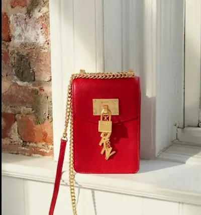 DKNY Red Leather Crossbody Phone Bag with Gold Chain