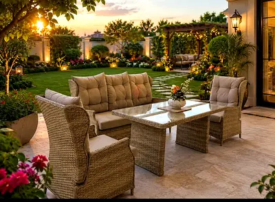 6-piece rattan outdoor sofa dining set with glass table (good condition)