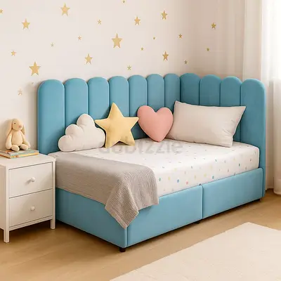 Blue Upholstered Children's Daybed with Scalloped Headboard