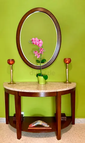 Half-Moon Console Table with Marble Top and Matching Oval Mirror