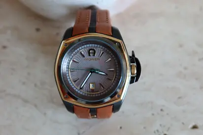 Aigner men's Quartz Watch with brown leather strap and gold-tone bezel