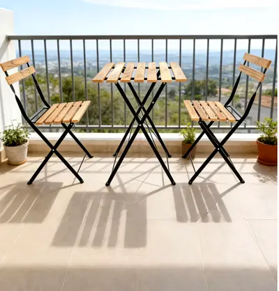 Wooden Slatted Bistro Set - 2 Chairs + Folding Table (Balcony/Patio)