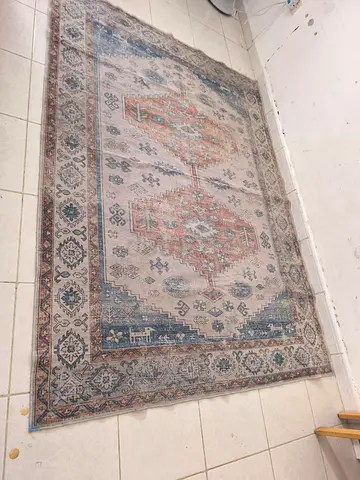 Used vintage-style area rug - faded blue and terracotta medallion design