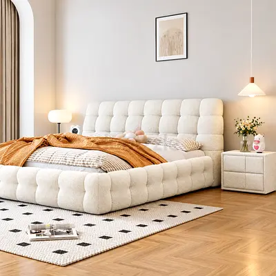 Tufted Upholstered Platform Queen Bed with Headboard - Cream, Queen