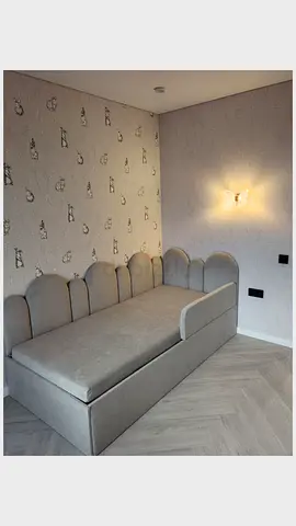Custom Upholstered Kids Bed with Scalloped Headboard