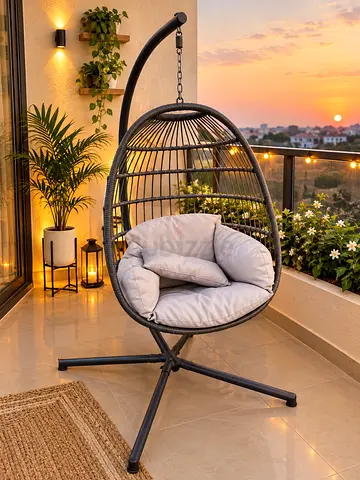 Hanging Egg Rattan Swing Chair with Stand — Cozy Balcony Seat