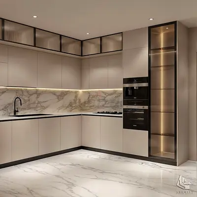 Modern L-shaped Built-in Kitchen Cabinets without Marble Backsplash