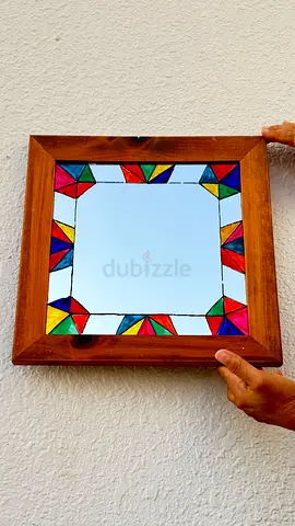 Handmade Wooden Framed Wall Mirror with Colorful Stained Glass Border