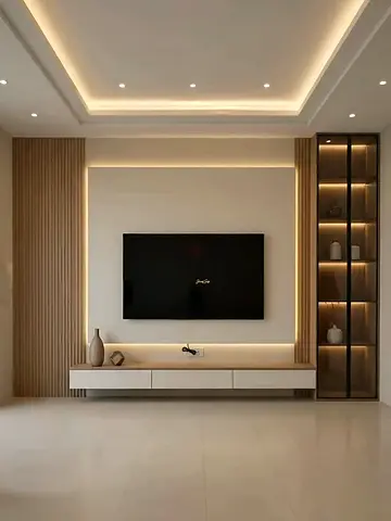 Modern wall-mounted entertainment unit with display shelving