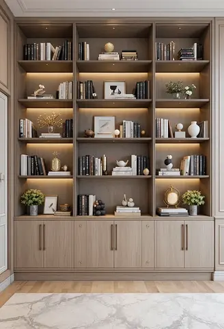 Built-in Wooden Bookcase with Lower Cabinets — Light Oak Finish