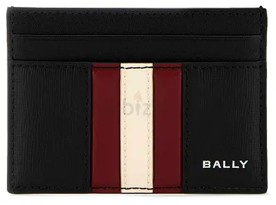 Bally Slim Leather Card Holder - Black with Red & White Stripe