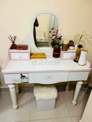 White and Pink Dressing Table with Mirror and Stool