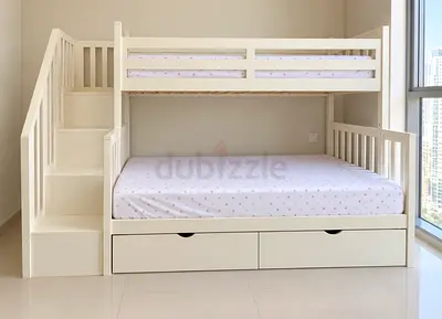 White Wooden Bunk Bed with Stairs and Under-Storage, Good Condition