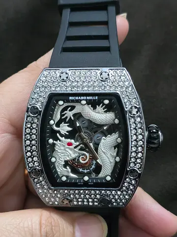 Men's Skeleton Watch with Dragon Motif and Crystal-Studded Case