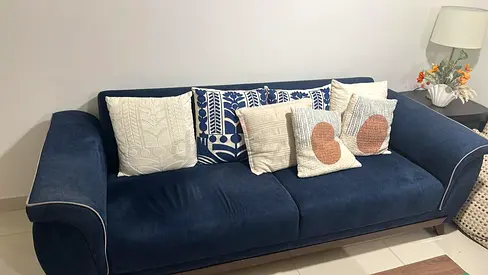 Blue 3-Seater Fabric Sofa with Cushions - Good Condition