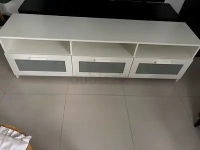 White TV Entertainment Unit with 3 Drawers and Open Shelves