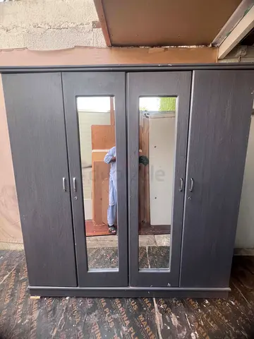 Dark Wood 4-Door Wardrobe with Mirrors - Good Condition