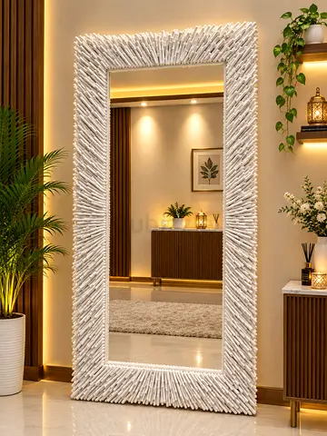 Large Decorative Full-Length Floor Mirror with White Textured Frame