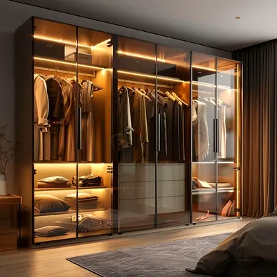 Modern glass-door wardrobe with integrated LED lighting, 4-door closet