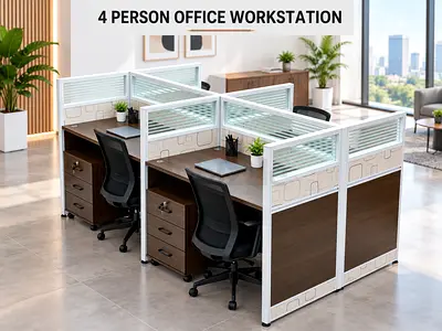 4 Person Office Workstation – Office Desk with Privacy Panels & Drawers