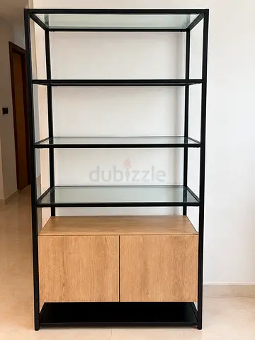 Industrial Metal & Oak Shelving Unit with Glass Shelves and Cabinet