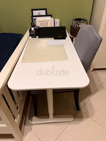 White rectangular study table with chair - good condition