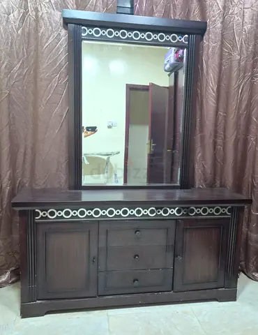 Dark Wood Dresser with Large Mirror - 2 Doors 3 Drawers