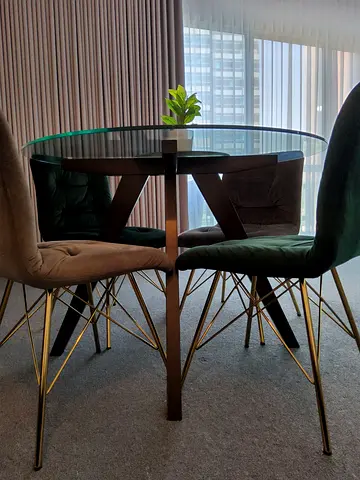 Glass Top Dining Table with 4 Velvet Chairs - Good Condition