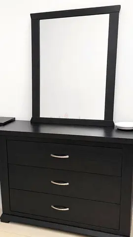 Black 3-Drawer Dresser with Matching Mirror - Good Condition