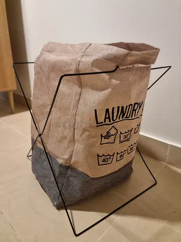 Foldable Laundry Bag with Metal Stand - Beige/Grey