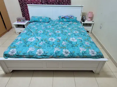 White Wooden Double Bed with Headboard and Two Nightstands - Good Condition