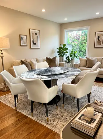 Marble Top Dining Table with 6 Cream Upholstered Chairs - Excellent Condition