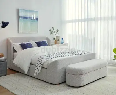 Queen upholstered bed with optional matching bench - light grey boucle