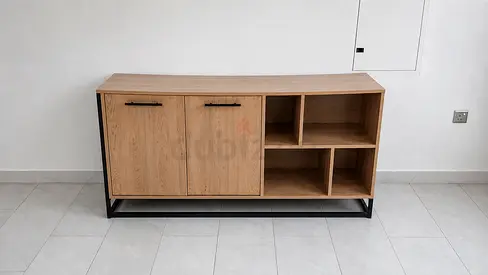 Wooden Sideboard Cabinet with Open Shelves and Black Metal Base