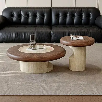 Set of 2 Round Wooden & Marble Coffee Tables